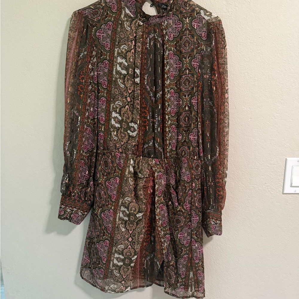 Zara Sheer Paisley Print Mini Dress Size M Tie Neck